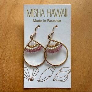 Misha Hawaii Beaded Hoop Earrings 14K Gold Fill Pink Tourmaline Pearl Artisan